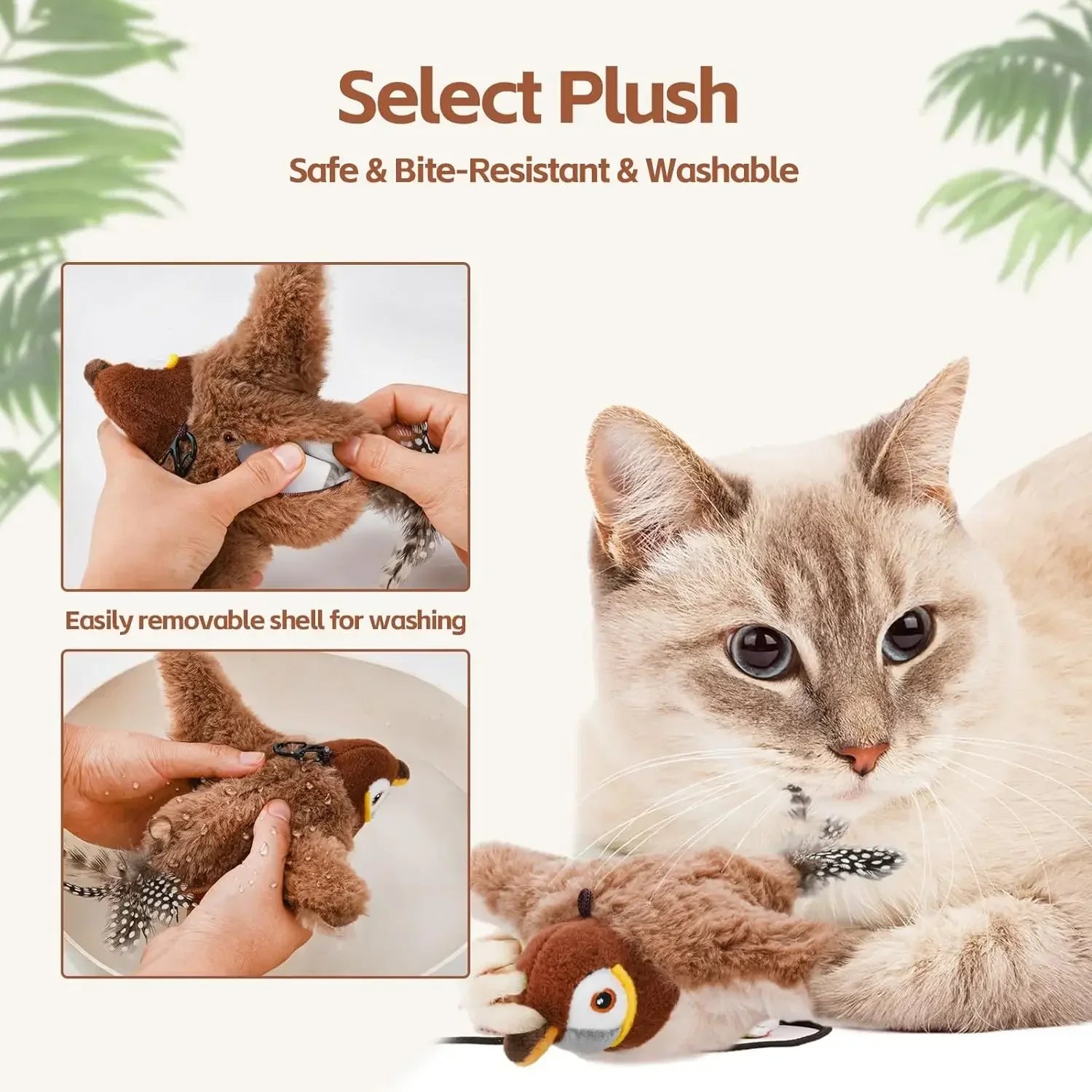 Interactive Cat Toys Rechargeable Flying Bird Cat Toy Chirping Flapping Bird(No Flying) Can Add Catnip Touch Activated Plush Toy